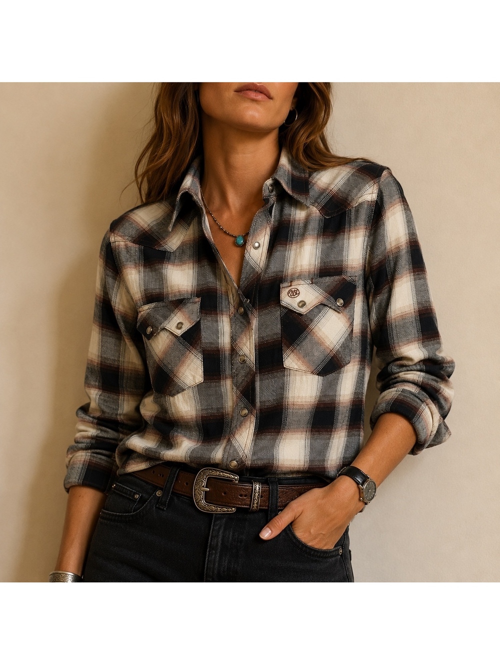 Wrangler Western Pearl Snap Plaid Flannel Shirt 100% Cotton Small